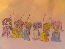 Size: 640x480 | Tagged: safe, artist:wandersong, applejack, fluttershy, pinkie pie, rainbow dash, rarity, twilight sparkle, ariel, beauty and the beast, belle, cinderella, clothes, cosplay, costume, crossover, disney, disney princess, mane six, music notes, princess aurora, princess leia, singing, sleeping beauty, snow white, snow white and the seven dwarfs, star wars, the little mermaid, traditional art