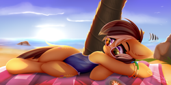 Size: 1729x867 | Tagged: safe, artist:omi, oc, oc only, oc:dawnsong, earth pony, pony, beach, clothes, female, mare, ocean, one-piece swimsuit, solo, summer, sunglasses, swimsuit