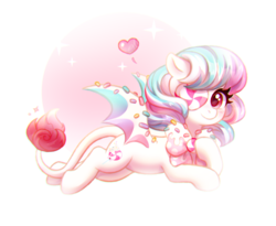 Size: 2500x2050 | Tagged: source needed, safe, artist:jumblehorse, oc, oc only, oc:magic sprinkles, pony, bat wings, bowtie, cute, eyepatch, female, food, heart, high res, leonine tail, looking at you, mare, ocbetes, smiling, solo, sprinkles, wings