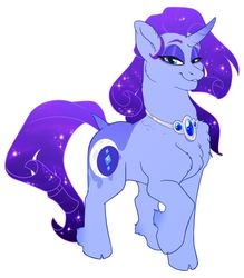 Size: 800x914 | Tagged: safe, artist:shadeysix, princess luna, rarity, pony, unicorn, g4, cheek fluff, chest fluff, cloven hooves, coat markings, curved horn, dock, ear fluff, ethereal mane, female, fusion, horn, jewelry, lidded eyes, looking at you, mare, necklace, simple background, smiling, solo, starry mane, unshorn fetlocks, white background