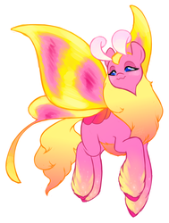 Size: 850x1125 | Tagged: safe, artist:owlfluffs, artist:shadeysix, oc, oc only, flutter pony, mothpony, original species, :3, antennae, coat markings, flying, lidded eyes, rosy maple moth, simple background, smiling, solo, sparkles, spread wings, white background, wings