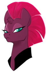 Size: 850x1302 | Tagged: safe, artist:owlfluffs, artist:shadeysix, tempest shadow, pony, unicorn, g4, broken horn, bust, clothes, eye scar, female, frown, horn, lidded eyes, looking at you, mare, scar, simple background, solo, transparent background
