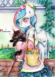 Size: 760x1051 | Tagged: safe, artist:mashiromiku, fluttershy, rainbow dash, oc, oc:mimi, unnamed oc, alicorn, pony, anthro, g4, anthro with ponies, patreon, patreon logo, traditional art, watercolor painting