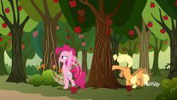 Size: 1920x1080 | Tagged: safe, screencap, applejack, pinkie pie, earth pony, pony, between dark and dawn, g4, apple, apple tree, applebucking, applejack mid tree-buck facing the right with 3 apples falling down, applejack mid tree-buck with 3 apples falling down, discovery family logo, duo, falling, female, food, mare, tree