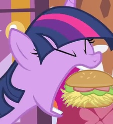 Size: 534x587 | Tagged: safe, edit, edited screencap, screencap, twilight sparkle, pony, g4, green isn't your color, biting, burger, cropped, female, food, open mouth, solo, twilight burgkle