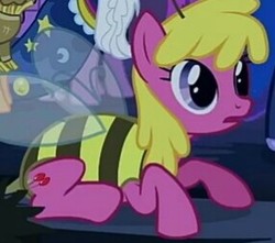 Size: 285x252 | Tagged: safe, screencap, cherry berry, pony, g4, luna eclipsed, animal costume, background pony, bee costume, cherry bee, clothes, cosplay, costume, cropped, cute, female, mare, nightmare night costume, outfit catalog, prone, solo focus