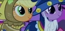 Size: 210x100 | Tagged: safe, screencap, applejack, twilight sparkle, pony, g4, luna eclipsed, clothes, cosplay, costume, cropped, cute, duo, nightmare night costume, scarecrow, star swirl the bearded costume, twilight the bearded