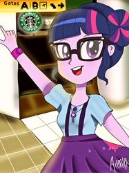 Size: 1800x2401 | Tagged: safe, artist:artmlpk, sci-twi, twilight sparkle, equestria girls, g4, airport, bun, clothes, female, gate, geode of telekinesis, glasses, looking at you, magical geodes, pointing, skirt, solo, starbucks, vacation, watch