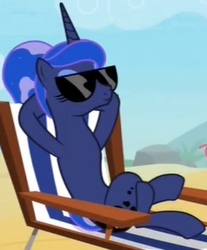 Size: 650x784 | Tagged: safe, screencap, princess luna, alicorn, pony, between dark and dawn, g4, season 9, alternate hairstyle, beach chair, belly, chair, concave belly, cropped, crossed legs, eyelashes, eyes closed, female, hooves behind head, low quality, luna sunbathing, mare, missing accessory, needs more jpeg, reclining, relaxing, sitting, skinny dipping, slender, solo, sunbathing, sunbathing luna, sunglasses, thin, we don't normally wear clothes