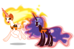 Size: 4000x2691 | Tagged: safe, artist:orin331, daybreaker, nightmare moon, alicorn, pony, between dark and dawn, g4, duo, ethereal mane, female, helmet, magic, magic aura, mane of fire, mare, siblings, simple background, sisters, starry mane, telekinesis, transparent background