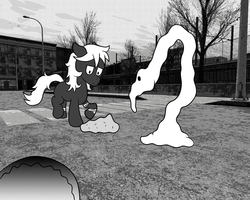 Size: 1280x1024 | Tagged: safe, artist:scraggleman, oc, oc only, oc:cipher, earth pony, pony, bandage, blank flank, confused, monochrome, monster, story included, story:lost and found