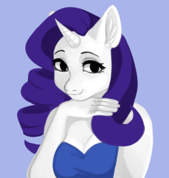 Size: 800x845 | Tagged: safe, artist:kingbriarturtle, rarity, unicorn, anthro, g4, blue background, ear fluff, female, hand, looking at you, mare, simple background, smiling, solo