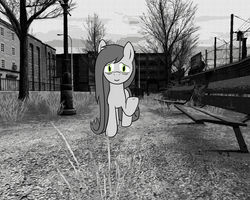 Size: 1280x1024 | Tagged: safe, artist:scraggleman, oc, oc only, pony, bags under eyes, long mane, monochrome, raised hoof, solo, story included, story:lost and found