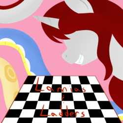 Size: 1000x1000 | Tagged: safe, artist:mightyshockwave, oc, oc only, oc:mist reticle, oc:ruby scales, oc:sunny coils, lamia, original species, pony, snake pony, unicorn, fanfic:lamias and ladders, checkerboard, cover pic, fanfic, fanfic art, female, grin, hooves, horn, lineless, mare, minimalist, modern art, smiling, solo