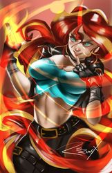 Size: 663x1024 | Tagged: safe, artist:animeclaro, artist:bunsogen, edit, sunset shimmer, human, g4, belt, breasts, clothes, female, fiery shimmer, fire, humanized, jacket, leather jacket, magic, trace