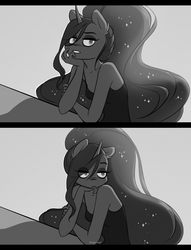 Size: 2126x2776 | Tagged: safe, artist:katputze, princess luna, alicorn, anthro, g4, 2 panel comic, ethereal mane, eye clipping through hair, female, grayscale, hand on chin, high res, lidded eyes, monochrome, sitting, solo, starry mane, table, wingless, wingless anthro