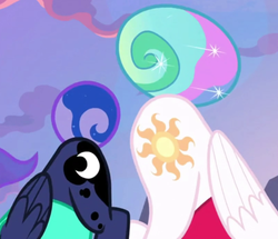 Size: 808x696 | Tagged: safe, screencap, princess celestia, princess luna, alicorn, pony, between dark and dawn, g4, season 9, butt, cropped, face down ass up, face not visible, female, mare, moonbutt, out of context, plot, praise the moon, praise the sun, royal sisters, siblings, sisters, sunbutt, tail bun