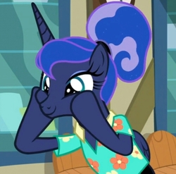 Size: 842x832 | Tagged: safe, screencap, princess luna, pony, between dark and dawn, g4, alternate hairstyle, clothes, cropped, cute, dashface, female, hawaiian shirt, hoof on cheek, lunabetes, mare, post office, shirt, solo