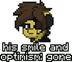 Size: 490x422 | Tagged: safe, oc, oc only, oc:blu skies, pony, pony town, depressed, edgy, eyepatch, head only, headset, meme, pixel art, reaction image, scar, smile and optimism meme, solo