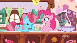 Size: 1366x768 | Tagged: safe, screencap, cup cake, pinkie pie, between dark and dawn, g4, batter, bowl, counter, food, kitchen, mixer
