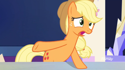 Size: 1366x768 | Tagged: safe, screencap, applejack, earth pony, pony, between dark and dawn, g4, discovery family logo, female, mare, solo, throne room
