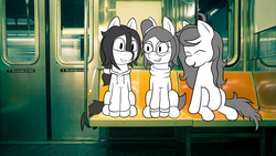 Size: 1920x1080 | Tagged: safe, artist:scraggleman, wallflower blush, oc, oc:floor bored, oc:taku, earth pony, pony, g4, clothes, female, food, glasses, hoodie, laughing, mare, round glasses, sitting, story included, story:lost and found, subway, sweater