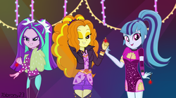 Size: 5000x2800 | Tagged: safe, artist:tabrony23, adagio dazzle, aria blaze, sonata dusk, equestria girls, find the magic, g4, my little pony equestria girls: better together, arm behind head, clothes, gem, greenbutt pants, high res, looking at you, one eye closed, open mouth, show accurate, siren gem, taco dress, the dazzlings, the dazzlings have returned, wink