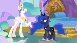Size: 1366x768 | Tagged: safe, screencap, princess celestia, princess luna, pony, between dark and dawn, g4, bed, bedroom, discovery family logo, stairs