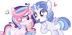 Size: 1280x621 | Tagged: dead source, safe, artist:anxiov-bases, artist:moon-rose-rosie, artist:nocturnal-moonlight, oc, oc only, oc:astral moonlight, oc:celestial moon, alicorn, pony, bandage, base used, blank flank, blushing, duo, female, filly, interdimensional siblings, magical lesbian spawn, offspring, parent:rainbow dash, parent:twilight sparkle, parents:twidash