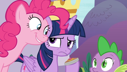 Size: 1366x768 | Tagged: safe, screencap, pinkie pie, spike, twilight sparkle, alicorn, pony, between dark and dawn, g4, amulet, discovery family logo, faic, frown, jewelry, twilight sparkle (alicorn)
