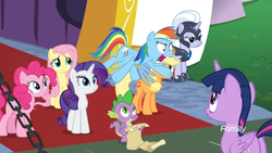 Size: 1366x768 | Tagged: safe, screencap, applejack, fluttershy, pinkie pie, rainbow dash, rarity, silver sable, spike, twilight sparkle, alicorn, dragon, pegasus, pony, unicorn, between dark and dawn, g4, butt, carpet, discovery family logo, faic, female, flying, guard, guardsmare, mane seven, mane six, mare, moat, plot, rainbow dash is best facemaker, royal guard, scroll, twilight sparkle (alicorn), unicorn royal guard, winged spike, wings