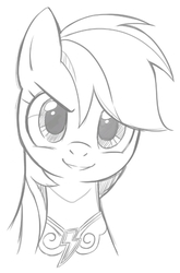 Size: 817x1240 | Tagged: source needed, useless source url, safe, artist:nekoshiei, seven seas, rainbow dash, pegasus, pony, g4, my little pony: the manga, my little pony: the manga volume 1, bust, cropped, element of loyalty, female, grayscale, looking at you, mare, monochrome, portrait, simple background, smiling, smirk, solo, white background