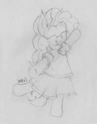 Size: 792x1009 | Tagged: safe, artist:wapamario63, pinkie pie, earth pony, pony, g4, bipedal, clothes, cute, eyes closed, female, happy, mare, moe, monochrome, pleated skirt, school uniform, schoolgirl, sketch, skirt, smiling, solo, traditional art
