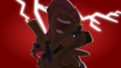 Size: 1920x1080 | Tagged: safe, artist:supermatt314, fluttershy, pegasus, pony, g4, the best night ever, bipedal, clothes, dramatic lighting, dress, evil laugh, eyes closed, female, gala dress, hooves in air, insanity, laughing, lightning, mare, open mouth, red background, scene interpretation, simple background, solo, spread wings, volumetric mouth, wallpaper, wings