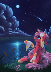 Size: 729x1032 | Tagged: safe, artist:thatfriendlysomeone, oc, oc only, pony, unicorn, cloud, cloudy, grass, lake, moon, shooting star, solo