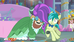 Size: 2560x1440 | Tagged: safe, screencap, sandbar, yona, earth pony, pony, yak, g4, she's all yak, alternate hairstyle, blushing, bowtie, clothes, cloven hooves, dancing, dress, duo, ear piercing, earring, female, jewelry, makeup, male, piercing, puffy sleeves, punch (drink), punch bowl, ship:yonabar, shipping, straight, teenager