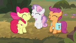 Size: 1920x1080 | Tagged: safe, screencap, apple bloom, scootaloo, sweetie belle, earth pony, pegasus, pony, unicorn, g4, the last crusade, cutie mark crusaders, eyes closed, female, filly, saddle bag, trio