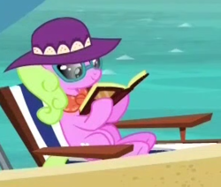 Size: 300x254 | Tagged: safe, screencap, daisy, flower wishes, earth pony, pony, between dark and dawn, g4, beach, beach chair, book, chair, cropped, female, hat, mare, neckerchief, reading, solo, sunbathing, sunglasses