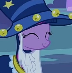 Size: 268x274 | Tagged: safe, screencap, twilight sparkle, pony, g4, luna eclipsed, clothes, costume, cropped, cute, eyes closed, female, happy, mare, nightmare night, nightmare night costume, solo, star swirl the bearded costume