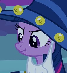 Size: 658x720 | Tagged: safe, screencap, twilight sparkle, pony, g4, luna eclipsed, clothes, cosplay, costume, cropped, cute, female, mare, nightmare night costume, scrunchy face, solo, star swirl the bearded costume, twilight the bearded