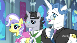 Size: 1920x1080 | Tagged: safe, screencap, fancypants, jet set, upper crust, pony, unicorn, between dark and dawn, g4, discovery family logo, ear piercing, earring, female, glasses, jewelry, male, mare, monocle, neckerchief, necklace, piercing, stallion