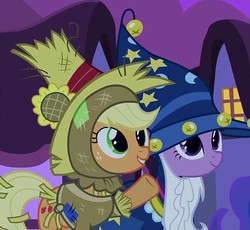 Size: 783x720 | Tagged: safe, screencap, applejack, twilight sparkle, pony, g4, luna eclipsed, cropped, cute, duo, happy, nightmare night, scarecrow, star swirl the bearded costume