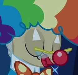 Size: 348x335 | Tagged: safe, screencap, mayor mare, pony, g4, luna eclipsed, clothes, clown, clown makeup, clown nose, costume, cropped, cute, eyes closed, female, mare, nightmare night, nightmare night costume, red nose, scrunchy face, solo