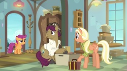 Size: 1920x1080 | Tagged: safe, screencap, mane allgood, scootaloo, snap shutter, pony, g4, the last crusade, clothes, shirt, suitcase