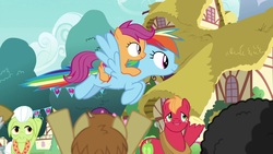 Size: 1920x1080 | Tagged: safe, screencap, big macintosh, feather bangs, granny smith, mercury, rainbow dash, scootaloo, starry eyes (g4), sugar belle, earth pony, pegasus, pony, g4, my little pony: friendship is magic, the last crusade, big macintosh's yoke, horse collar, ponies riding ponies, riding, scootaloo riding rainbow dash, scootalove, unshorn fetlocks, waving