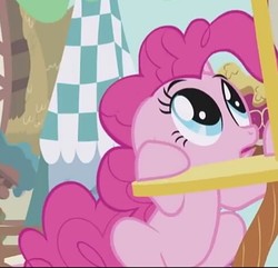 Size: 488x470 | Tagged: safe, screencap, pinkie pie, earth pony, pony, g4, griffon the brush off, cropped, cute, diapinkes, ears back, female, mare, open mouth, scared, sitting, solo, wide eyes