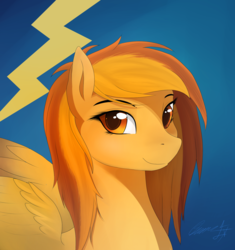 Size: 1500x1596 | Tagged: dead source, safe, artist:sierraex, spitfire, pegasus, pony, g4, blue background, eyebrows, female, loose hair, mare, simple background, solo