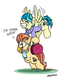 Size: 1663x2100 | Tagged: safe, artist:bobthedalek, aunt holiday, auntie lofty, earth pony, pegasus, pony, g4, the last crusade, bag, bags, cute, dialogue, dirt, dragging, eyes closed, female, flying, gritted teeth, handbag, happy, hoof hold, lesbian, mare, need to go on a diet, open mouth, purse, ship:lofty day, shipping, simple background, smiling, straining, suitcase, white background