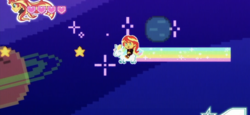 Size: 2436x1125 | Tagged: safe, sunset shimmer, unicorn, equestria girls, g4, my little pony equestria girls: choose your own ending, the last drop, the last drop: sunset shimmer, 8-bit, game, humans riding ponies, nyan cat, planet, rainbow, riding, space