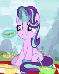 Size: 336x419 | Tagged: safe, screencap, starlight glimmer, pony, unicorn, g4, season 9, student counsel, animated, aweeg*, bracelet, cropped, cute, eating, female, food, gif, glimmerbetes, herbivore, jewelry, mare, puffy cheeks, sandwich, sitting, solo